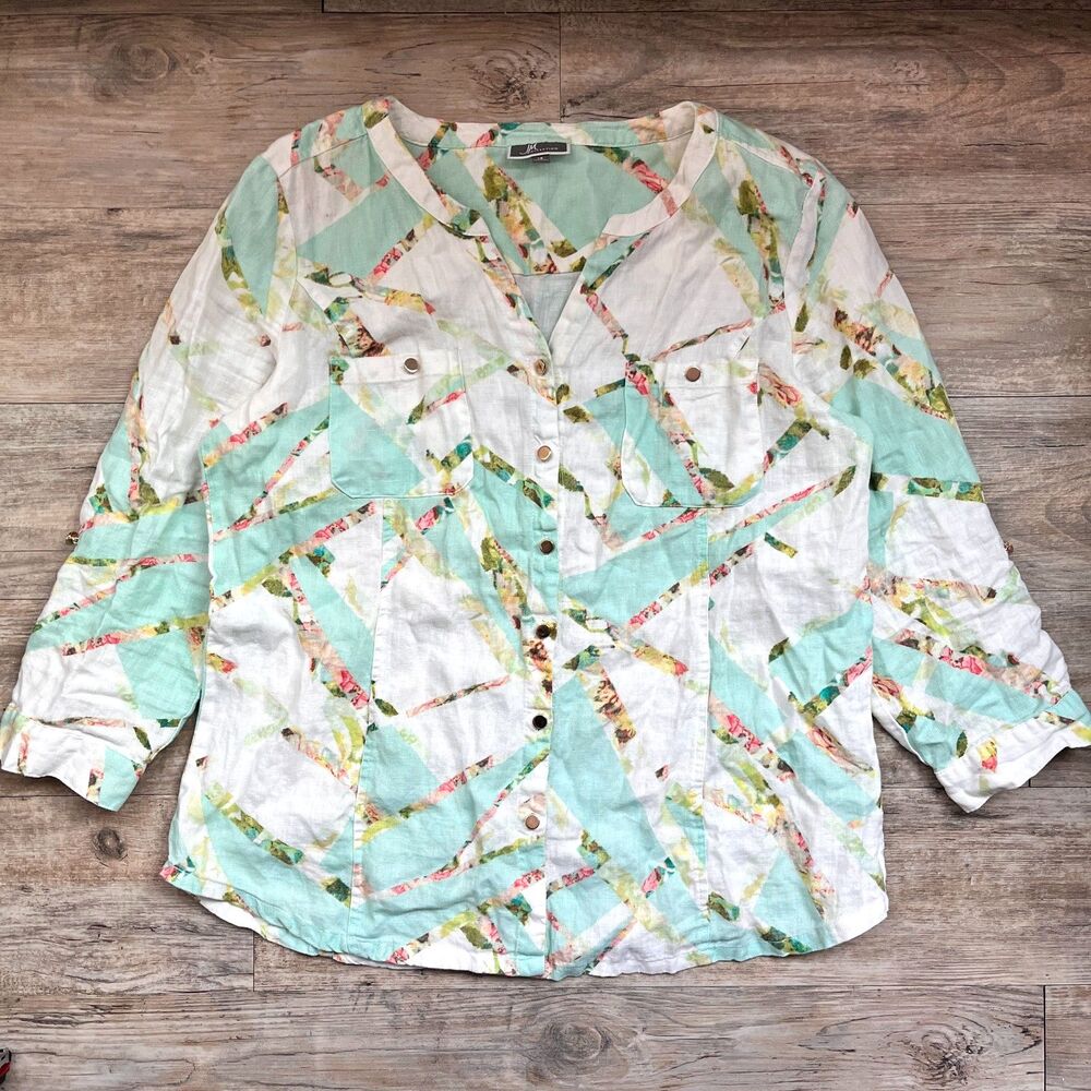 JM Collection Linen Blouse Large Green Lightweight Summer Top 100% Linen Women’s